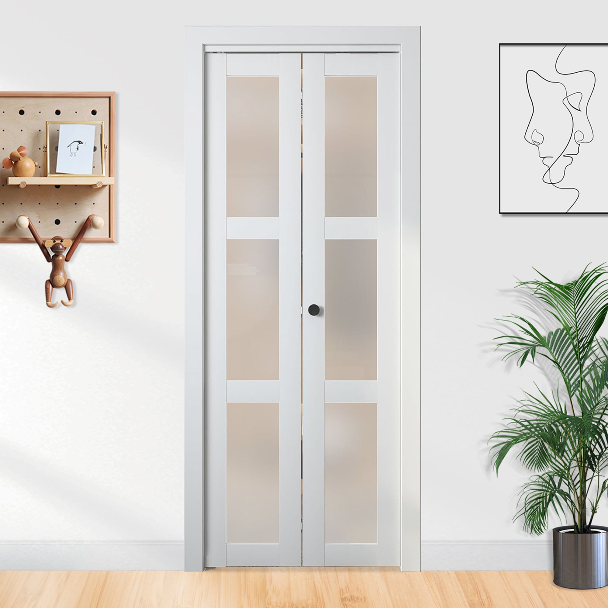 30"x 80" 3-Lite Frosted Glass Bi-Fold Barn Door Solid Manufactured Wood With Installation Hardware Kit_voghion.com